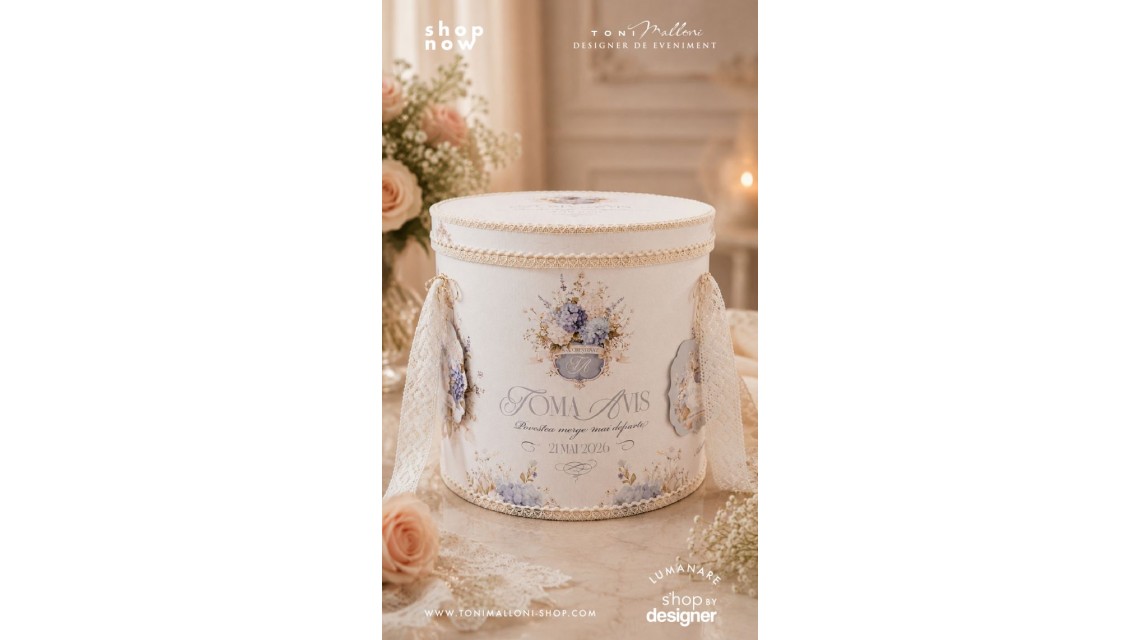 Trusou Botez Băiat Blue Hydrangea Hortensii Bleu și Monogramă Regală 3